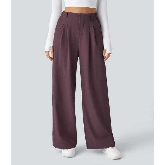 Halara Pants - NWT Halara Flex™ High Waisted Pocket Wide Leg Waffle Work Pants Plum Wine - M